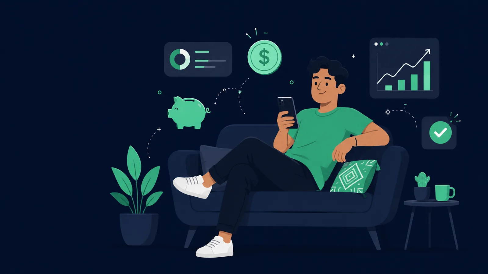 Persona relajada revisando sus finanzas en MoneyBuddy desde su teléfono